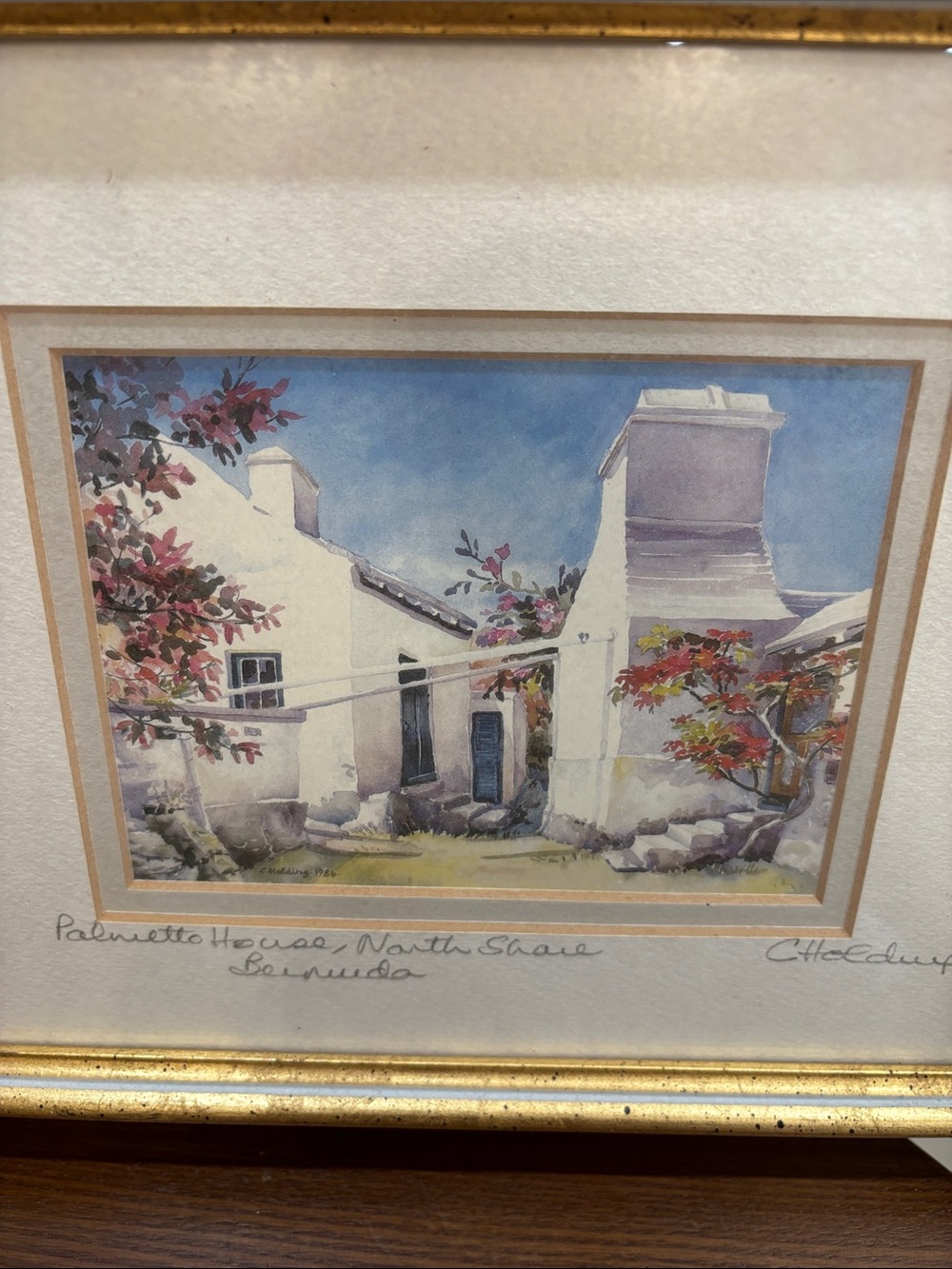 Carole Holding Signed Framed Coastal Cottage Watercolor Print in Gold Frame